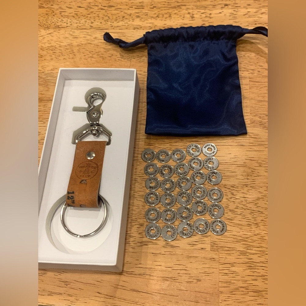 The Wander Club Baseball Glove Keychain with all 30 MLB Stadium Tokens
